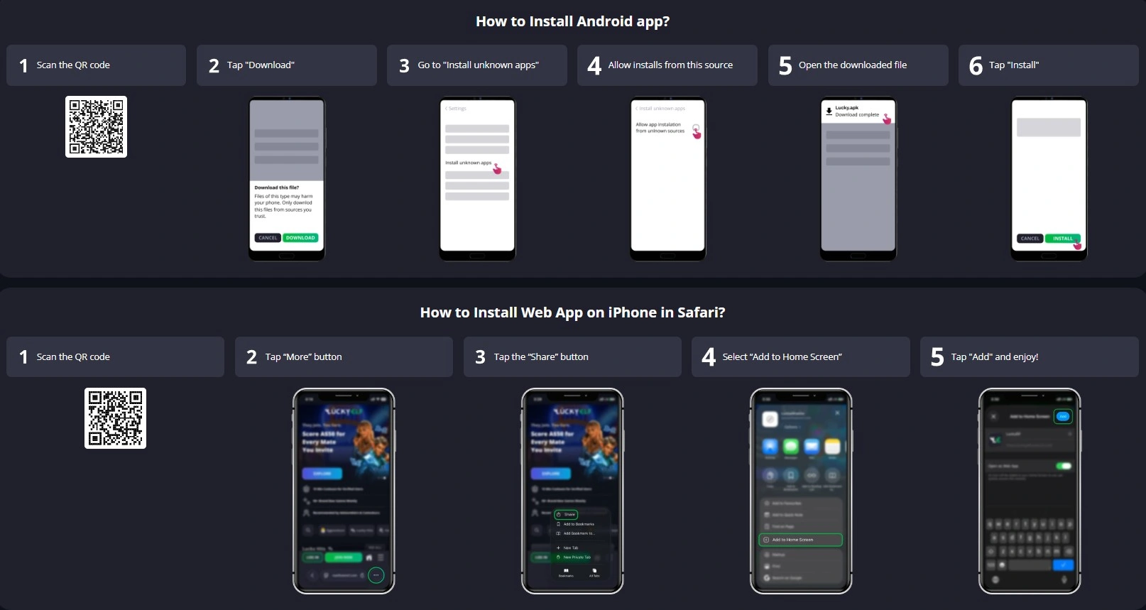 Official LuckyElf mobile installation instructions for Android APK and iPhone web app access