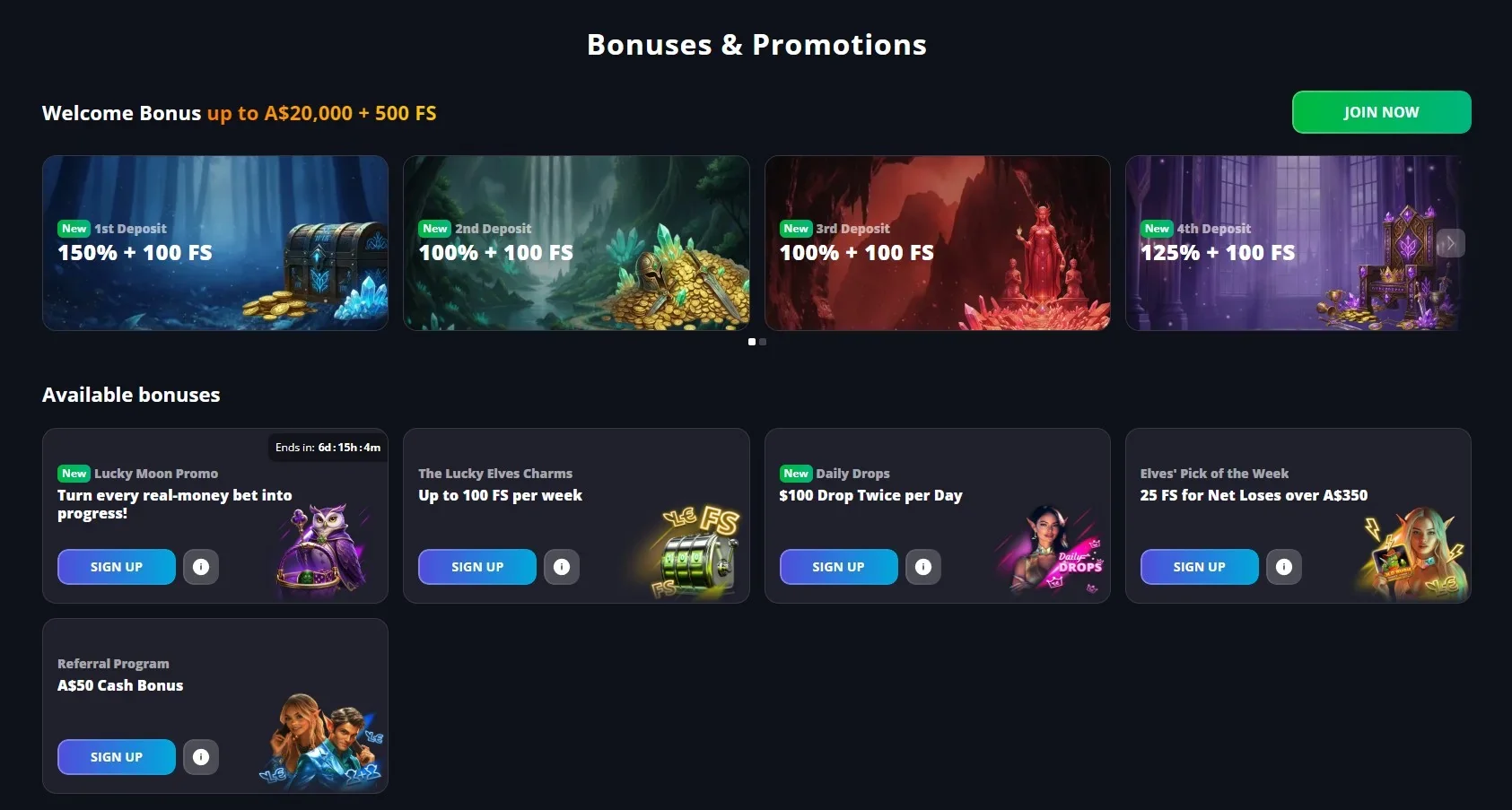 Current LuckyElf Bonuses and Promotions page showing the live promotional cards and deposit offers
