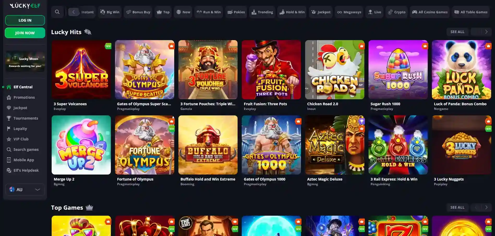 Current LuckyElf game lobby with casino categories, game tiles and provider filtering