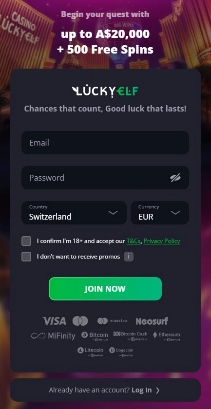 Official LuckyElf Australia-targeted registration form showing the live account sign-up interface