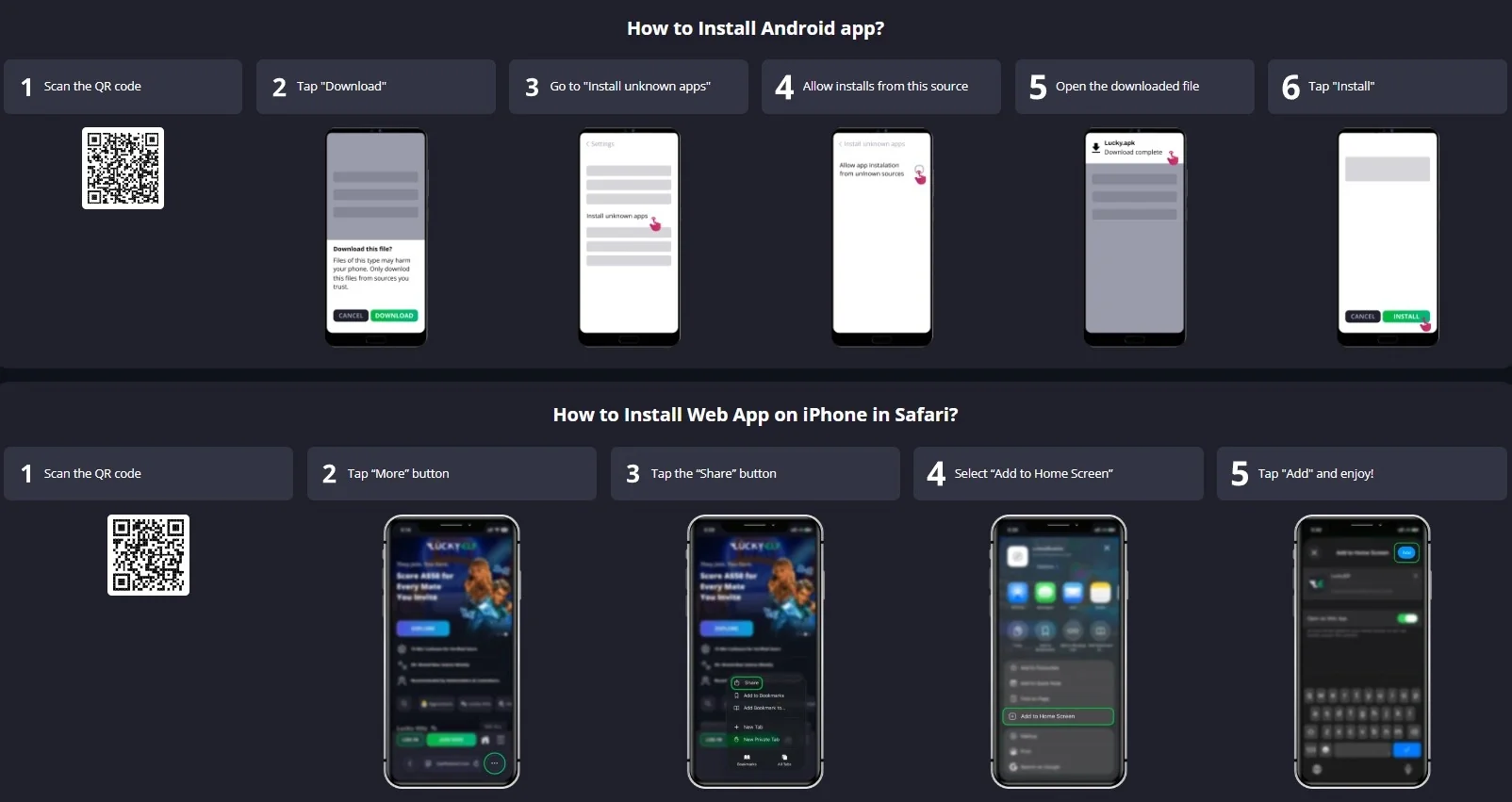 LuckyElf mobile installation page showing Android and iPhone access routes